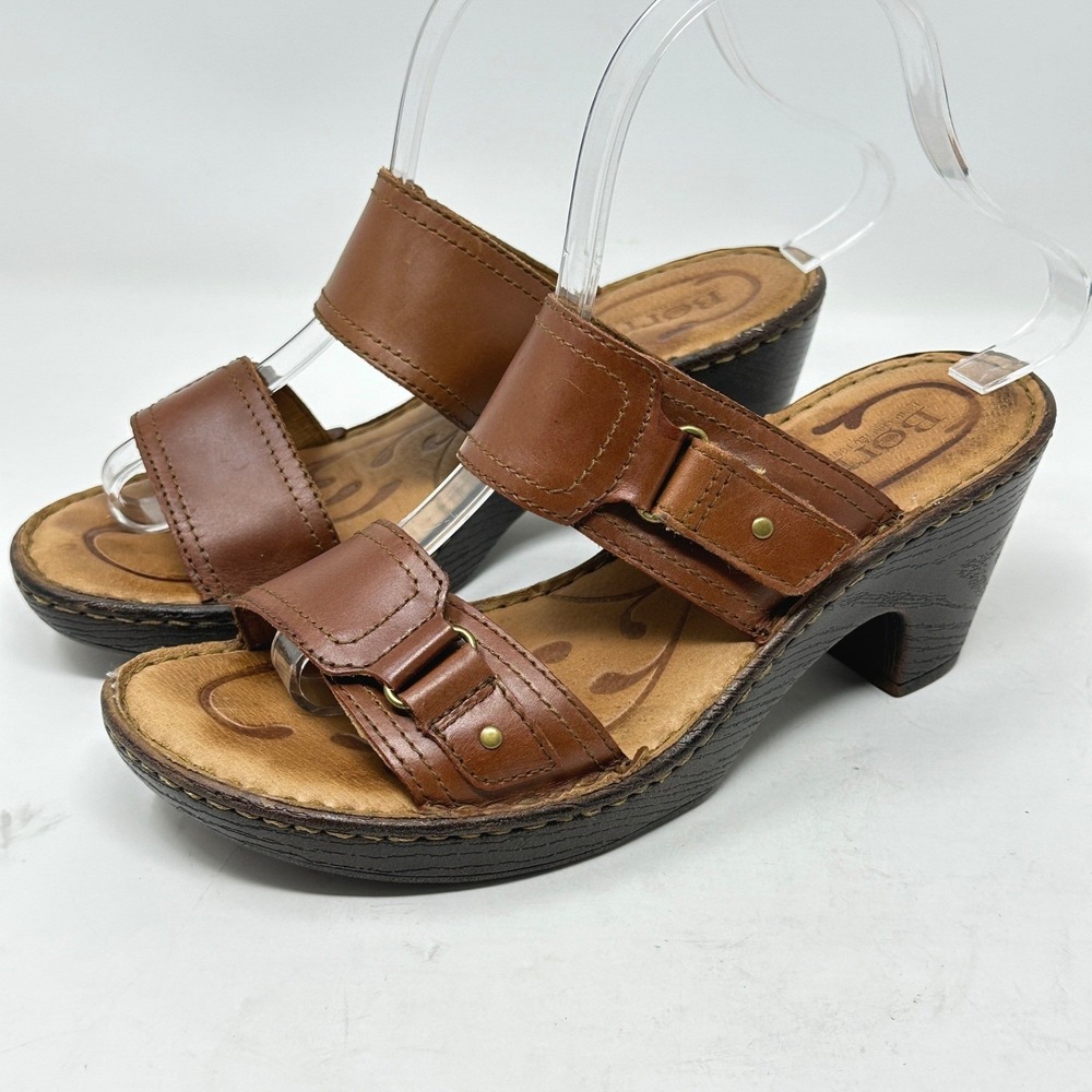 Born Womens Shoes 7.5M Brown Leather Platform Slide Sandals Chunky Heel Granola